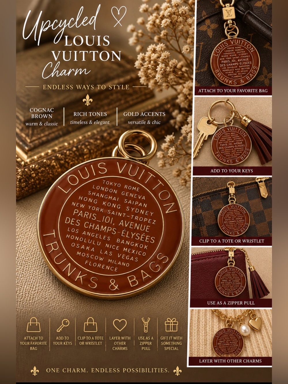 Cognac Brown Upcycled Designer-Inspired Travel Trunks & Bags Charm Gold Tone